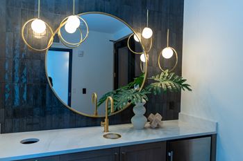 A bathroom vanity with a round mirror and a plant.